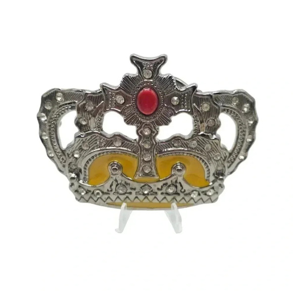 Clear Rhinestone Yellow Enamel Crown Belt Buckle Silver Tone Vintage - Picture 1 of 5